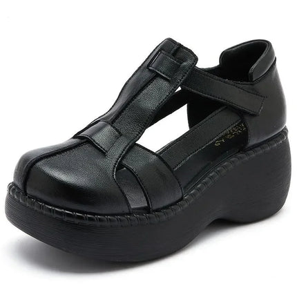 Top quality 6.5CM Retro Summer Shoes Women Wedges Sandals Handmade Genuine Leather Hollow Platform Casual Sandals Female Black