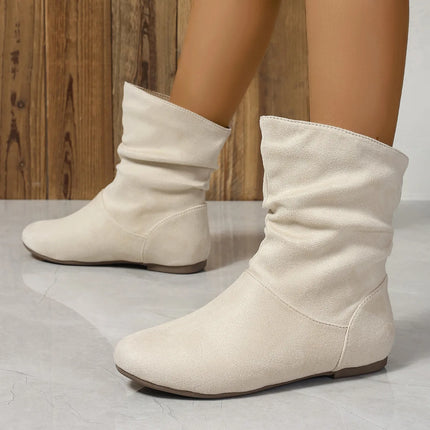 Short Boots Women's White New Pleated Women's Boots Flat Bottomed Versatile Woman Boots Large Size Woman Booties