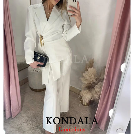 KONDALA Office Lady Chic White Women Blazer Suit Solid Long Sleeve Blazer Long Zipper Pants Fashion 2026 Spring Summer Suit