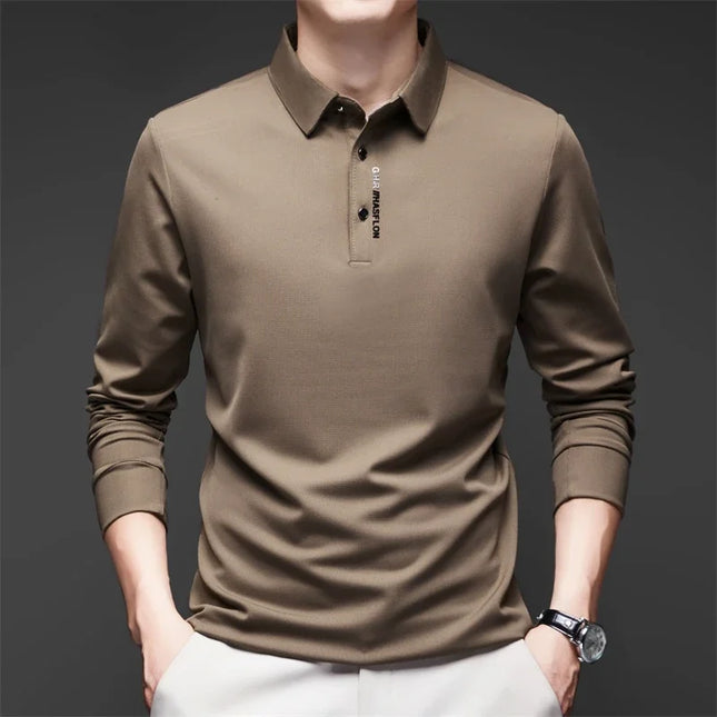 Neues Herren Business Casual Langarmhemd mit Abzeichen, einfarbiges Poloshirt, modisch, atmungsaktiv, bequem, vielseitiges Oberteil