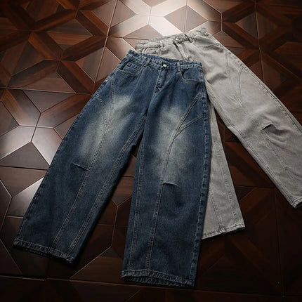 Spring New American Curved Washed Man Pants Loose Vintage Street Denim Regular Straight Wide Leg Jeans Men