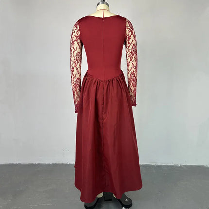 Elegant Vintage Women Dress Long Lace Sleeve Square Collar Slim Waist Big Hem Long Dress