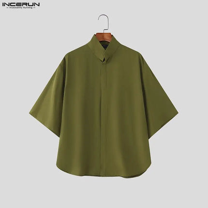 INCERUN Men Shirt Solid Stand Collar Short Sleeve Men Clothing Loose Korean Style Streetwear Fashion Casual Tops Male Shirts