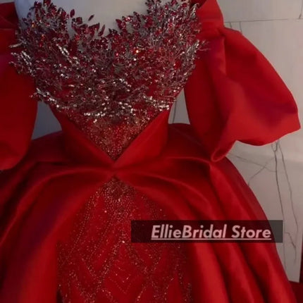 Gorgeous Red Evening Dresses With Detachable Train Crystal Sequin Mermaid Wedding Party Dress Dubai Prom Gowns Customized