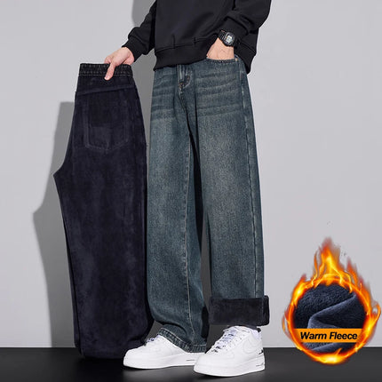 Fleece Jeans Winter Wide Leg Men's Warm Plush Velvet Denim Pants Fashion Korean Straight Streetwear Loose Thick Thermal Trousers