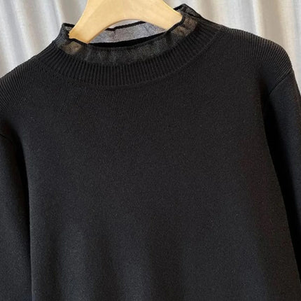Oversize Black Lace Splicing Knitted Sweater Dress Women Autumn Winter French  Mid-length A-lin Dresses Loose Long Sleeve Dress