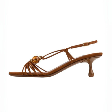 Women's  Slingback Sandals Amber Bead Decor Open‑Toe Kitten Heels Thin Knotted Strap Mid‑Heel Backless Pumps Elegant