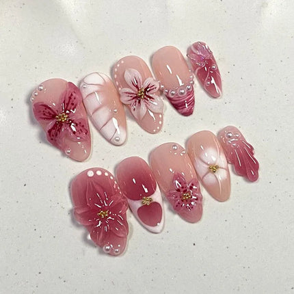 24pcs Pink Flower Almond Press on Nails Kawaii False Nails Wearable Stick-on Nails Fake Nail Uñas Postizas Накладные Ногти 네일팁