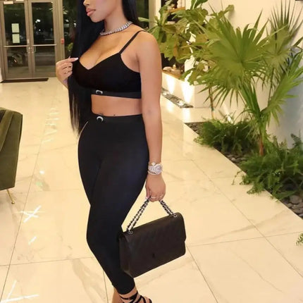 European and American Ins Sexy Two Piece Set Women Black High Street Fashion Summer Tops and Pants Set