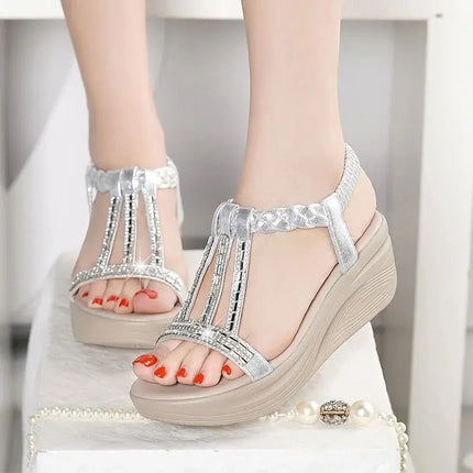 Fashion Platform Wedges Soft Leather High Heel Sandals Women Summer New Cozy Vacation Rhinestone Bohemian Beach Cool Sandals