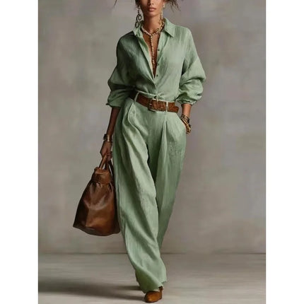Spring Summer Temperament Solid Color Cotton Linen Wide Leg Pants Set Elegant Button Shirt Top and Wide Leg Pants 2 Piece Suit