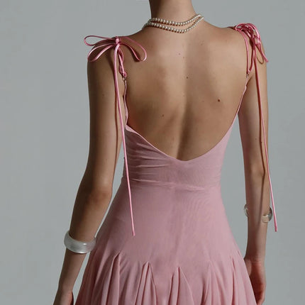 Sweet Lace Patchwork Dress Backless Bow Lace-Up Sleeveless Slim Pleated Solid Midnight Clubwear Party Mini