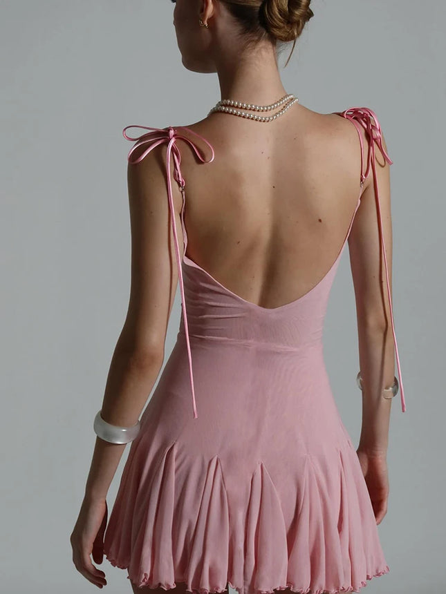 Sweet Lace Patchwork Dress Backless Bow Lace-Up Sleeveless Slim Pleated Solid Midnight Clubwear Party Mini