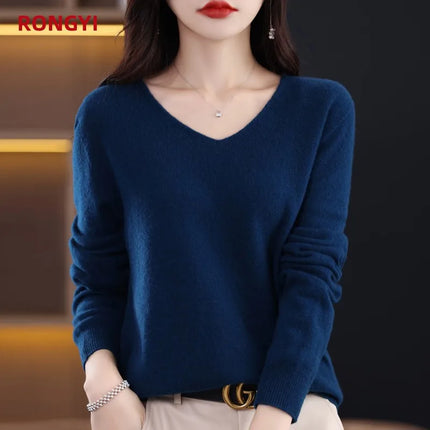 Sweater 100% Merino Wool Knitwears Autumn Winter Cashmere Knitted V-Neck Pullover Solid Jumper Clothing Tops