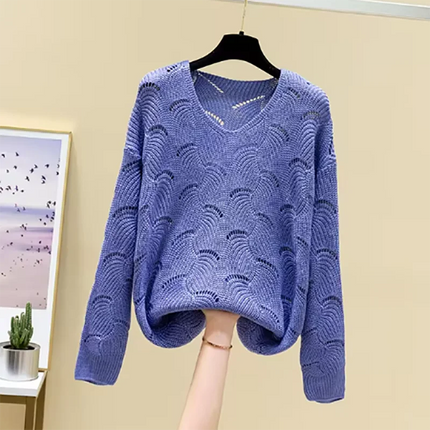 2024 Casual Elegant Sweet Autumn Winter V-neck Hollow Out Top Women's Sweater Solid  All-matching Pullover Knitwear Korean New