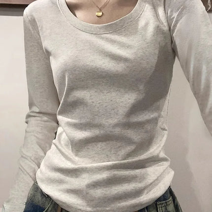 U Neck Long Sleeve T-Shirt Autumn Winter Cotton Slim Casual Top Basic Solid Bottom Shirts Korean