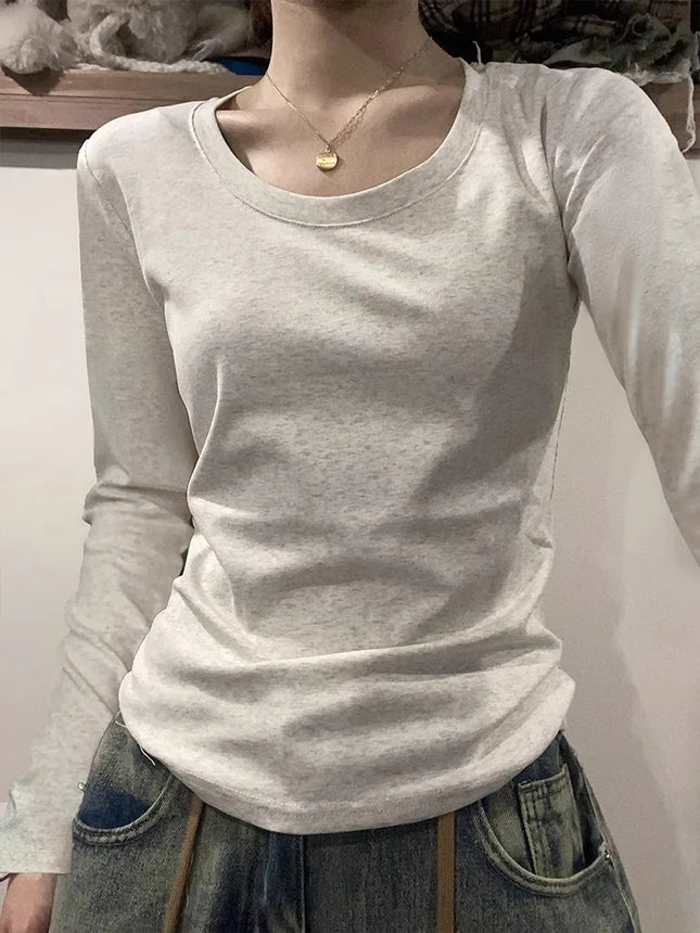 U Neck Long Sleeve T-Shirt Autumn Winter Cotton Slim Casual Top Basic Solid Bottom Shirts Korean