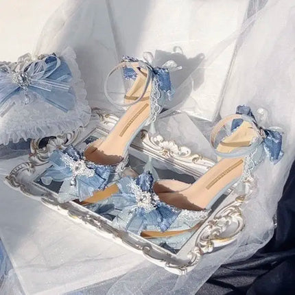 lolita Women heels Wedding designer shoes White shoes cute shoesBlue Pointed-Toe Slip-On Bow Handmade High Heels