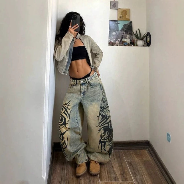 2026 Summer New Vintage Mud Fade Jeans Side Abstract Tribal Print High Waist Loose Wide Leg Euro American Daily Casual Pants