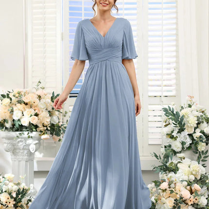 A Line Chiffon Bridesmaid Dresses Short Sleeve V Neck Slit Pleat Elegant Wedding Party Formal Prom Evening Zipper Back