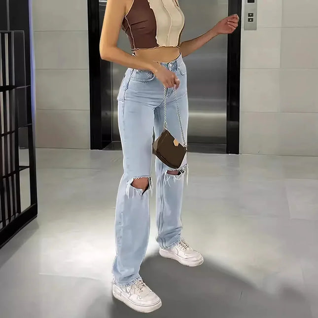 Knöchellange Ripped Holes Jeans Straight Jeans Damen High Waist Denim Hosen Loose Washed Distressed Reißverschluss Streetwear
