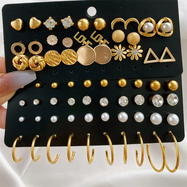 Vintage Gold Color Stud Earrings Set Butterfly Heart Flower Yinyang Diamond Pearl Ear Studs For Women - product image 2