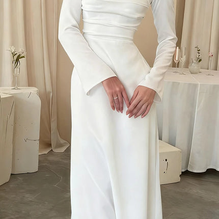 Temperament Women Long Sleeve Party Maxi Dresses Fashion Square Collar Pleated Evening Dress White Slim High Waist Banquet Dress