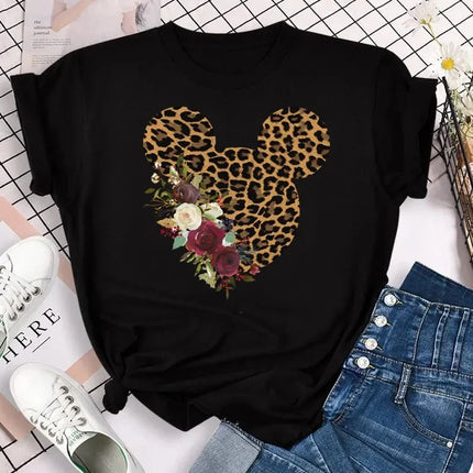 New T-shirts for Women Fashion Heart Minnie Print Unisex T Shirt Y2K Streetwear Clothes Kawaii Mouse Head T Shirt Female Tops