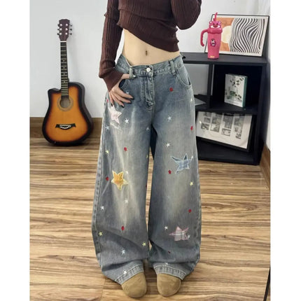 Spring Men's Graffiti Star Embroidered Baggy Jeans High Street Retro Straight Wide-Leg Denim Pants  New Y2K Vintage Jean