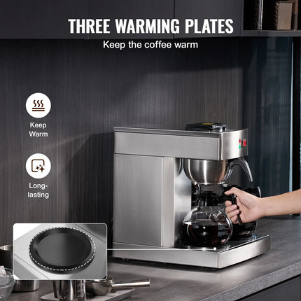 SucceBuy 12 Cups Commercial Drip Coffee Maker Coffee Maker Machine with 3 Glass Carafes 3 Warmer Plates Stainless Steel for Cafe
