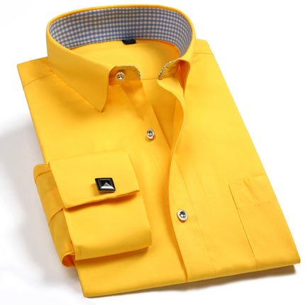 Men's Spread Collar French Cuff Dress Shirt Long Sleeve Formal Business Buttons Male Wedding Shirts Regular Fit Cufflinks Shirt