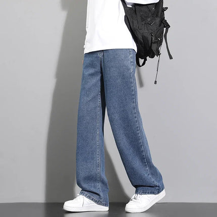 2026 New Korean Men's Casual Long Jeans Classic Man Straight Denim Wide-leg Pants Solid Color Light Blue Black 3XL Cargo Jean