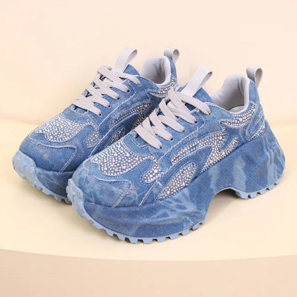 Fall New Heavy Industry Denim Rhinestone Platform Casual Women's Sneakers 2025 Round Toe Plus Size Single Shoes