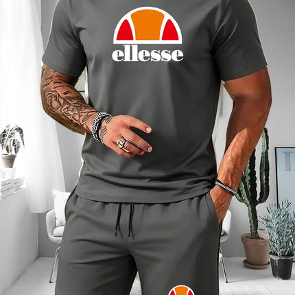 Ellesse Men's Summer Casual Sports Set Short Sleeve T-Shirt + Shorts Two-Piece Trendy Print Breathable Quick-Dry Fitness Wear