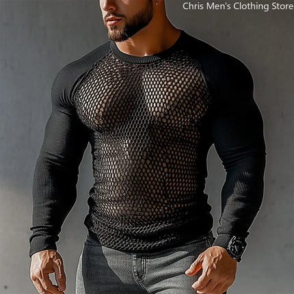 Casual Transparent Mesh Long Sleeve Shirt New Sexy Perspective Men Long Sleeve V-neck T-shirt Top Bar Club Hollow Mesh Men's Top