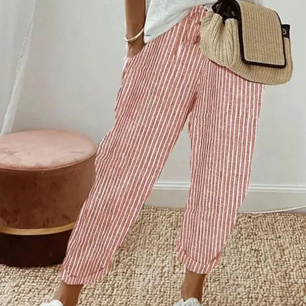 European and American Cross border Women's Summer New Fashionable Loose Stripe Printed Elastic Waist Drawstring Casual Pants
