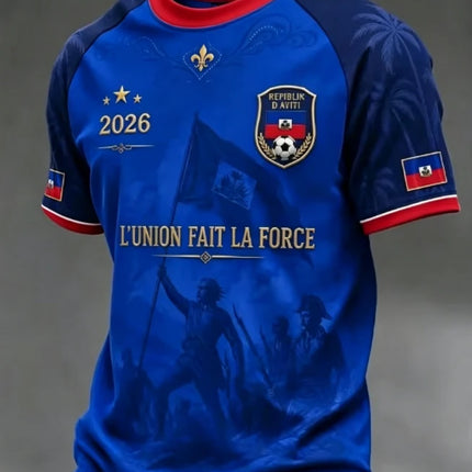 2026 New Haiti Blue Football Jersey Men's Crew Neck Sportswear with "HAITI" Text & Flag Print Casual & Training Tops Tees
