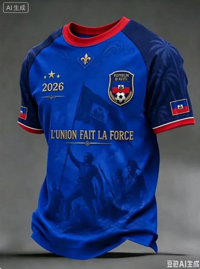 2026 Nueva Camiseta de Fútbol Azul de Haití para Hombre, Cuello Redondo, Ropa Deportiva con Texto "HAITI" y Estampado de Bandera, Tops Informales y de Entrenamiento