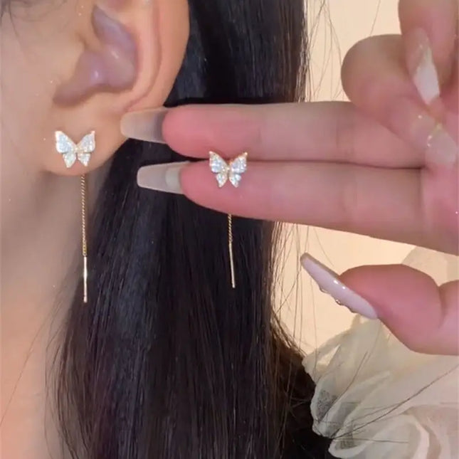 1pair Pave Crystal Butterfly Long Threader Earrings for Women Teen Girls, Dainty S Curved Thin Gold - product image 2