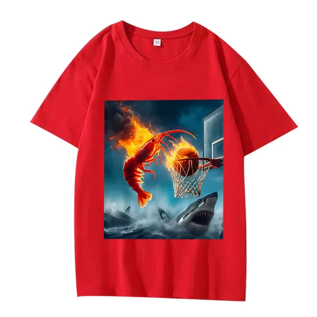 Garnelen Dunking auf Hai Grafik-T-Shirt Retro Angel Meme T-Shirt Damen Kurzarm Sommer Tops Ästhetische Kleidung Sommer Streetwear