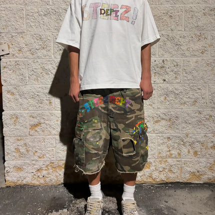 Y2K American Vintage Camouflage Pocket Denim Shorts Men Hip Hop Style Holes Trendy Streetwear Unisex Baggy Jeans Shorts Pants