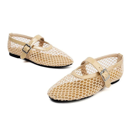 LeShion Of Chanmeb Brand Mesh Net Ballet Flats Shoes for Women Strap Buckle Breathable Cool Spring Summer INS Ballerina Shoes 43