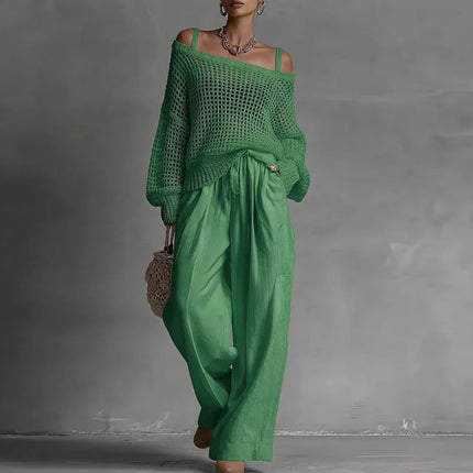 Off Shoulder Hollow Knit Womens Pants Set Long Sleeve Wide Leg Pants Outfit Casual Loose Summer Beach Vacation Pants Set Woman