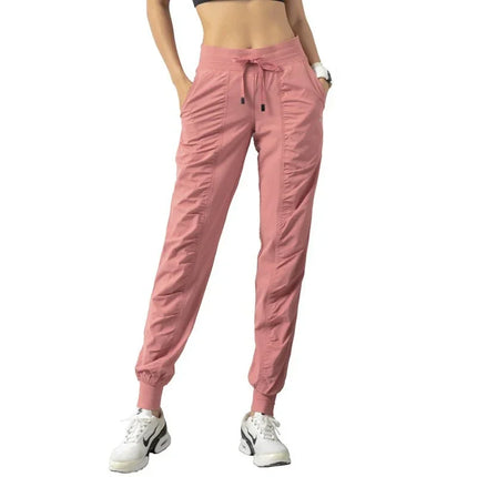 Sweatpants Fabric Drawstring Running Sport Joggers Women Quick Dry Athletic Gym Fitness with Two Side Pockets Exercise Pants