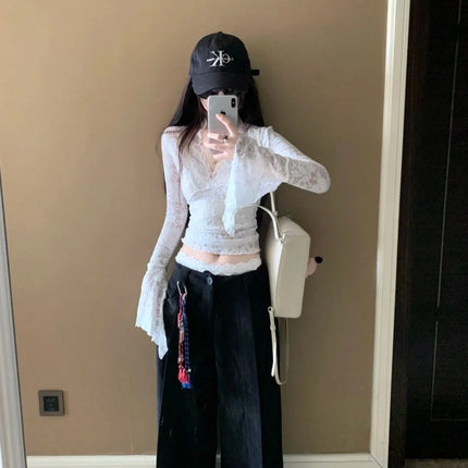 Sexy V-Neck Sheer T-Shirts Flare Long Sleeve Spring Lace Slim Pullovers Tops Casual Evening Party Club Chic