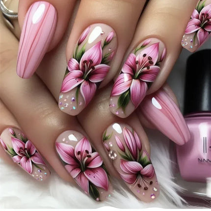 24Pcs Brown Long Coffin False Nails Glitter Ballet Wearable with French Design Fake nails Full Press on Nail Ins Nail Tips Art