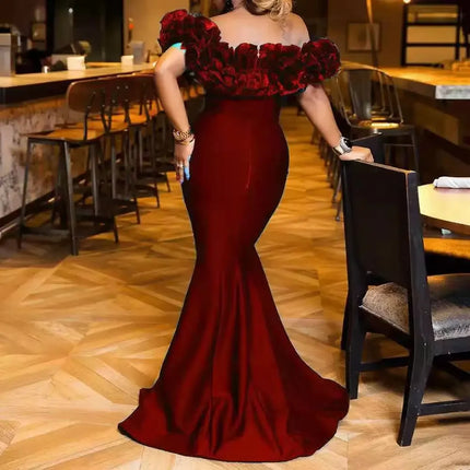 Elegant Evening Party Long Dresses Women Ruffles Off The Shoulder Slim Fit Mermaid Dress Solid Color