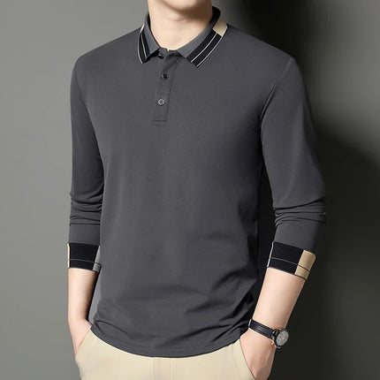 New Men's Business Casual Long Sleeved Shirt Solid Color Polo Shirt Fashionable Breathable Comfortable Versatile Top