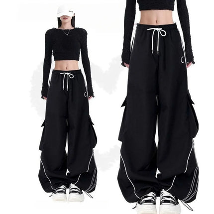 Y2K Black Striped Women Cargo Pants Korean Fashion Wide Leg Baggy Trousers Streetwear Autunm Harajuku Hip Hop Oversized Loose