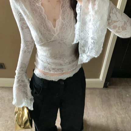 Sexy V-Neck Sheer T-Shirts Flare Long Sleeve Spring Lace Slim Pullovers Tops Casual Evening Party Club Chic